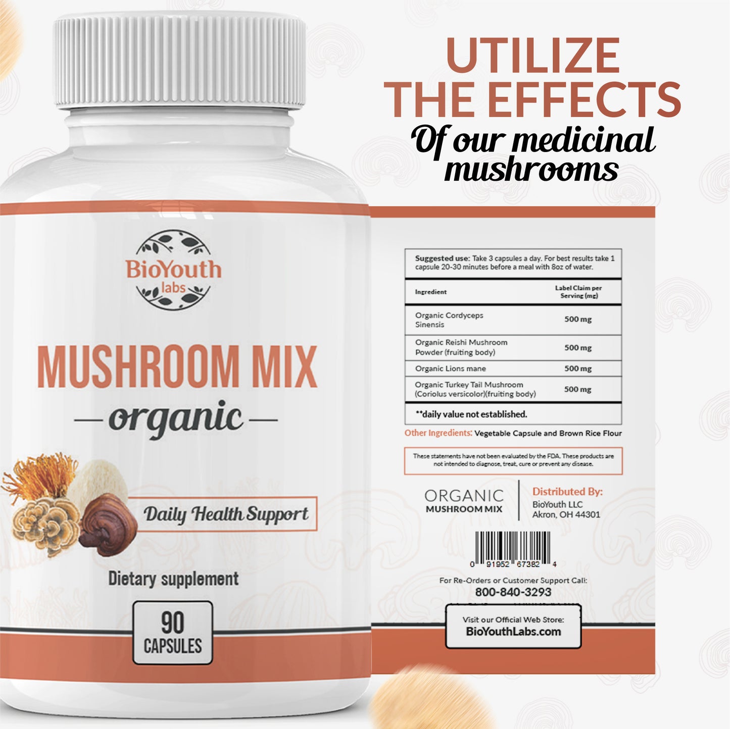 Organic Mushroom Mix Immune System Support (Reishi, Cordyceps, Lion's Mane, Turkey Tail)