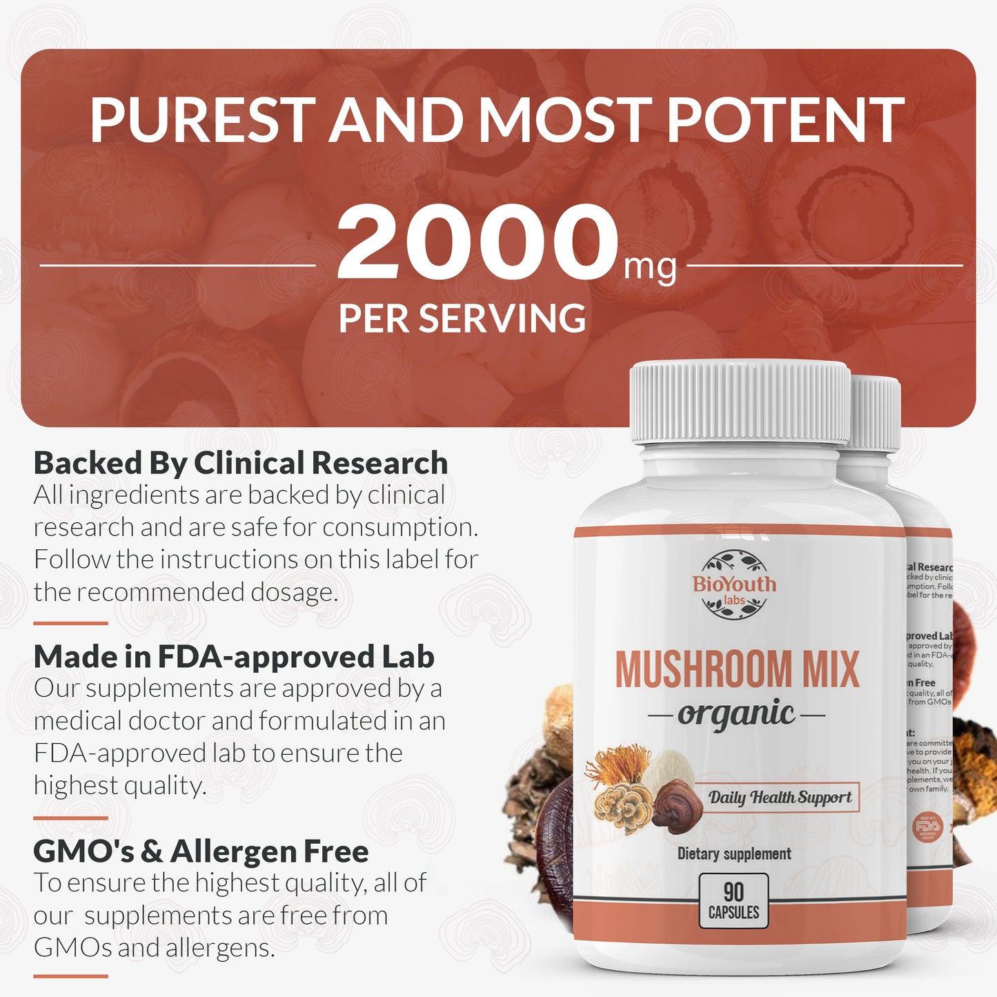 Organic Mushroom Mix Immune System Support (Reishi, Cordyceps, Lion's Mane, Turkey Tail)