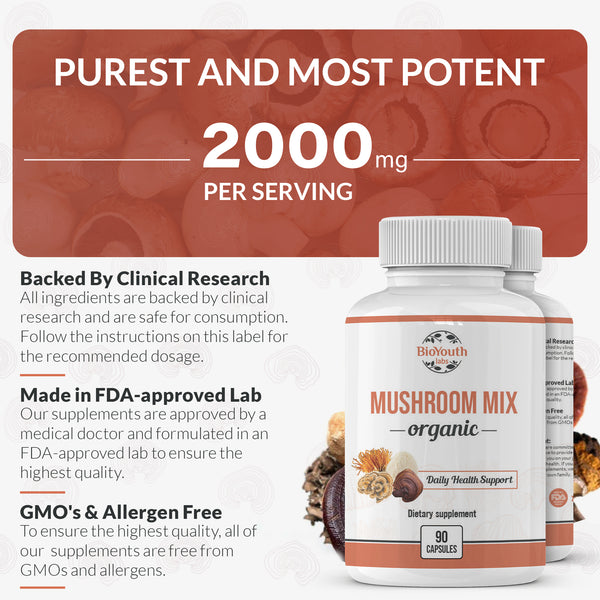 Organic Mushroom Mix Immune System Support (Reishi, Cordyceps, Lion's Mane, Turkey Tail)