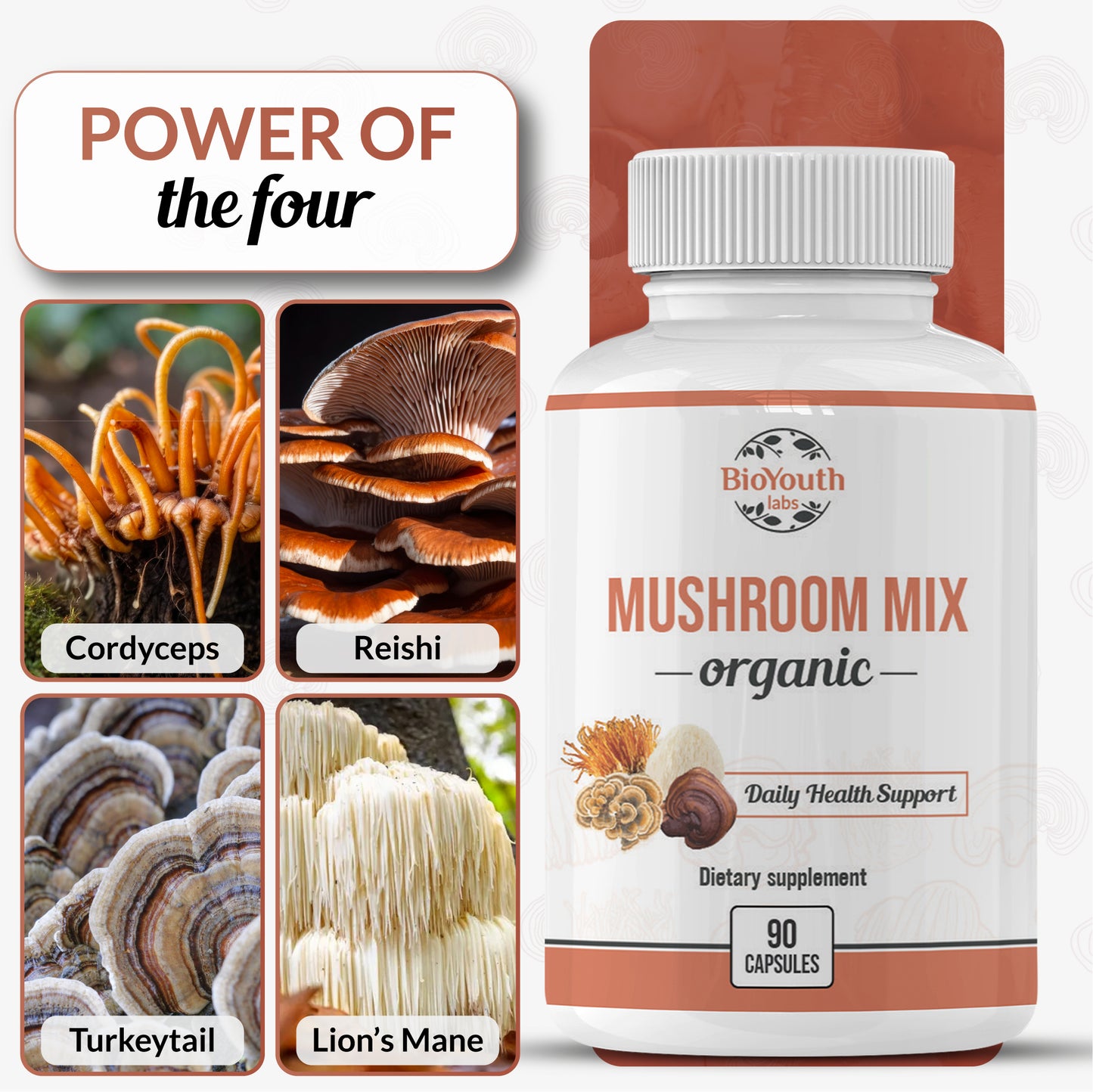 Organic Mushroom Mix Immune System Support (Reishi, Cordyceps, Lion's Mane, Turkey Tail)