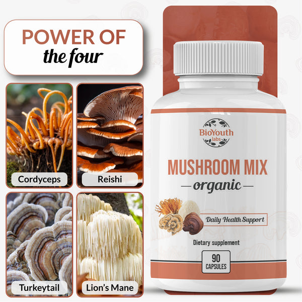 Organic Mushroom Mix Immune System Support (Reishi, Cordyceps, Lion's Mane, Turkey Tail)